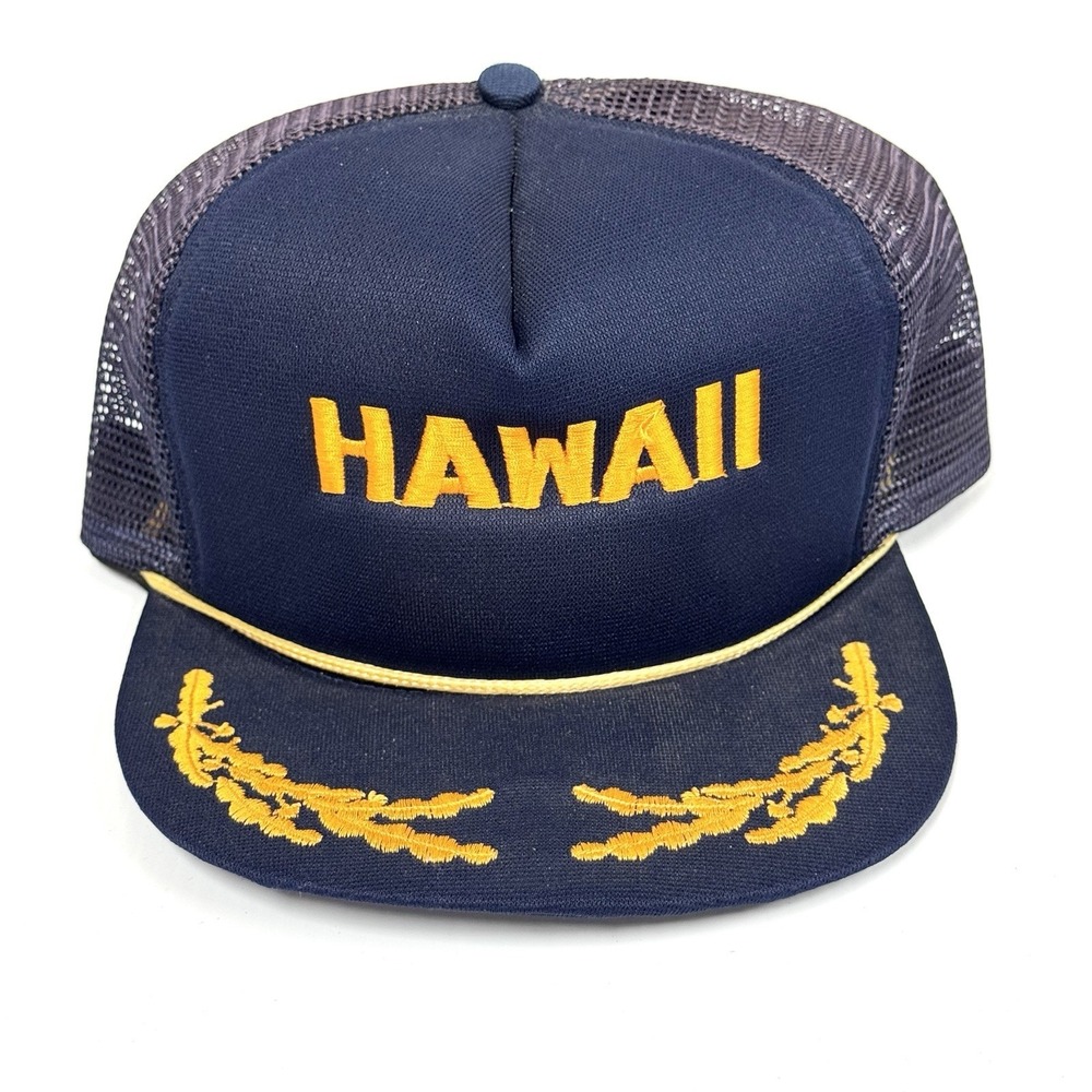 Vintage mesh Snapback Trucker Hat Blue and gold Hawaii hat w/ rope and oak leaf